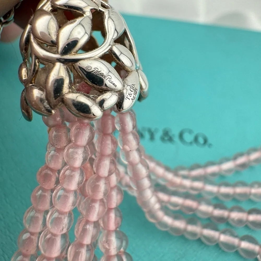 RARE Tiffany & Co. Olive Leaf Rose Quartz Tassel Necklace Sterling Silver 28